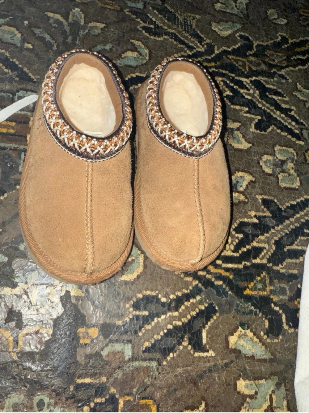 UGG Kids Chestnut Suede Slip-On Slippers with Braided Trim